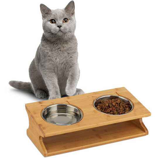 Relaxdays - Double Pet Bowl Cat & Dog, Tilted, Raised, Twin Feeding Station Food & Water, 12x39x19.5 cm, Bamboo, silver