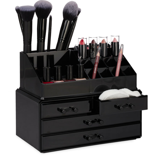 Relaxdays - Makeup Organizer with 4 Drawers, Cosmetics Holder for Nail Polish and Lipstick, Acrylic Makeup Kit, Black