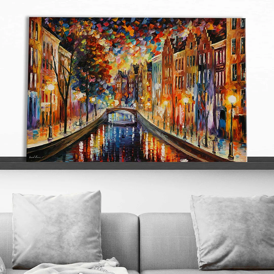 Amsterdam, Night Canal by Leonid Afremov - Wrapped Canvas Painting Print