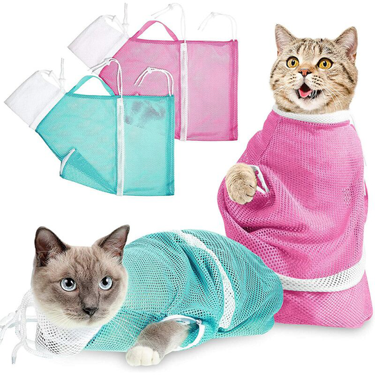 2 Pieces Cat Bath Bag Cat Shower Net Bag Adjustable Multifunctional Anti-Bite Anti-Scratch Restraint Bag for Bathing, Trimming Nails, Clean Ears