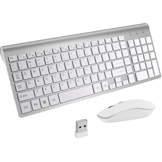 Wireless Keyboard Mouse, 2.4Ghz Ultra-Thin Compact Keyboard, Portable Quiet 2400 dpi Ergonomic Keyboard Mouse for pc, Smart tv, Computer - White