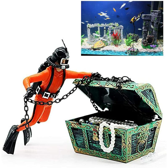 Bearsu - Aquarium Decoration - Aquarium Decoration - Treasure Chest - Diver - Orange