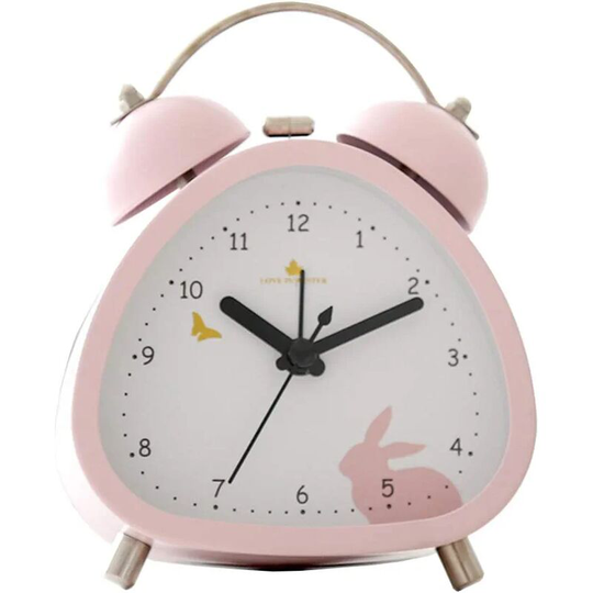 FVO - Classic Alarm Clocks with Night Light, Cute Triangel Rabbit Shape Noisy Twin Bell Battery Operated Alarm Clock for Girls Bedroom, for Kids, Pink