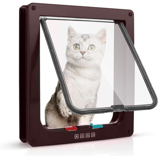 Cat Flap with 4-Way Magnetic, Pet Door for Cats and Small Dogs, Cat Door with Tunnel Brown 18 x 19 x 5.5cm