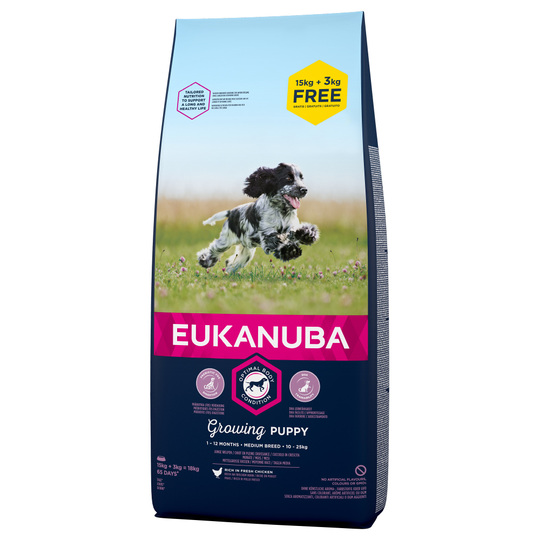 15kg Eukanuba Dry Dog Food + 3kg Free!* - Puppy Medium Breed - Chicken (18kg)