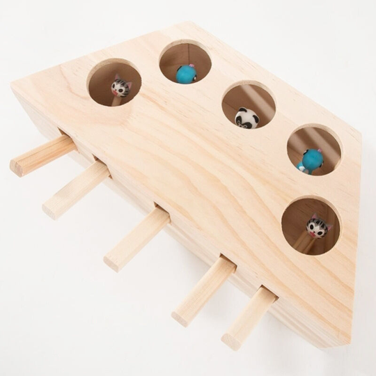 Interactive Wooden Cat Toy, Interactive Cat Game, Toy, Puzzle Box with Lovely Cartoon Toys for Cats, Hunting, Playing, Exercising, Scratching - 5