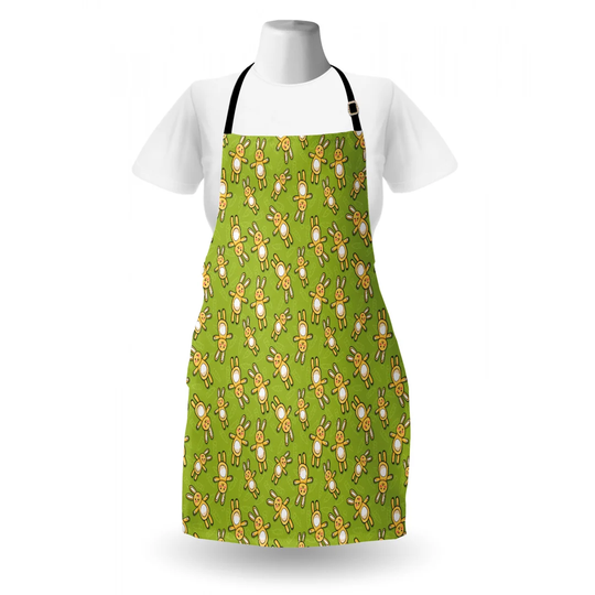 Toy Rabbits on a Green Background with Doodle Carrots Apron