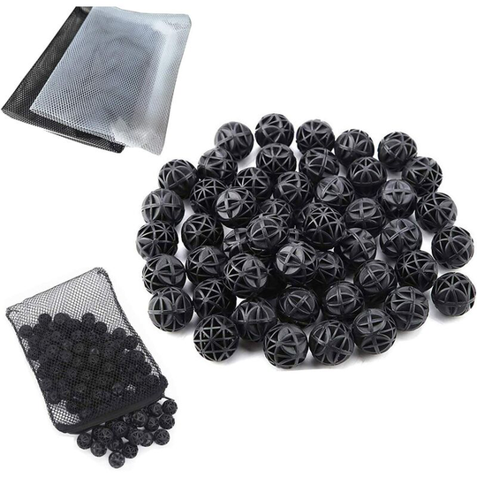 Sun Flowergb - 35 Pcs Aquarium Fish Tank Filter 26mm Bio Balls Bio-Balls for Filtration Cleaning (Black) + 15 x 20cm/2 pcs Aquarium Filter Mesh Bag