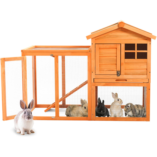Kartokner - Outdoor Rabbit Hutch Small Animal Enclosure 2 Door Wood Rabbit Hutch Small Rodents Wooden 118cmLx54cmWx92cmH