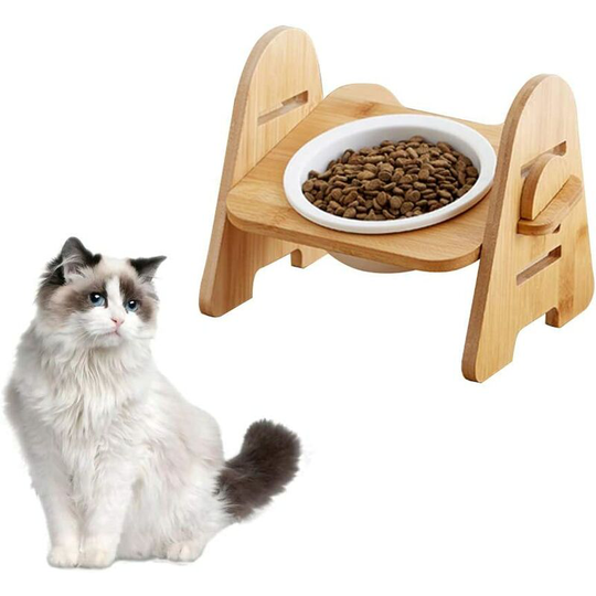 Raised Pet Bowls Stand, 15°Tilted Platform Single Bowl Cat Feeder Ceramic Bowl Set