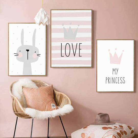 Set of 3 Paintings for Children's Room Girl Pink Baby Posters Set Rabbit My Princess Love Poster Birthday Gifts Unframed L(40X50CM) No Frame D