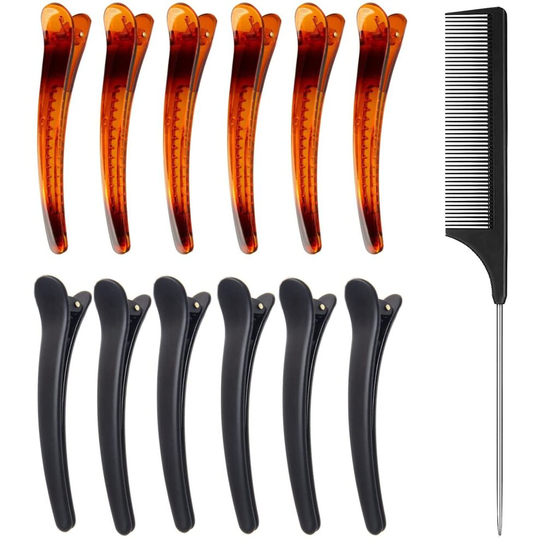 12pcs Hair Sectioning Clips+1 Pcs Carbon Fiber Tail - Comb Brown+Black