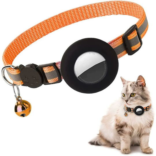 Deckon - Airtag Cat Collar, Reflective Airtag Cat Collar with Bell and Airtag Silicone Waterproof Holder Orange-Black