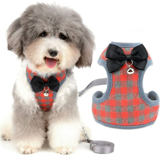 Briday - Dog Harness Small Dogs Puppies Adjustable with Leash, Soft Mesh Plaid Vest Tuxedo Clothes with Bow Tie and Safety Bell, Anti-Escape Cat