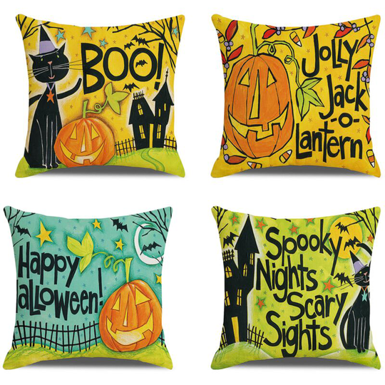 Set of 4 Halloween Pillowcases 18' x 18', Soft Linen Trick or Treat Pillowcases, Farmhouse, Couch, Couch, Car, Orange, Halloween Decorations.