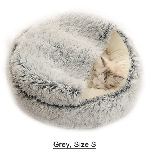 2-in-1 Round Plush Pet Cat Dog Sofa Bed Winter Warm Pet Cat Small Dog Sleeping Nest Cute Fluffy Soft Nest Non Slip Bottom Bed,model: Grey Size s