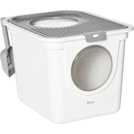 Cat Litter Tray Pet Litter Box w/ Front Entrance, Top Exit, Scoop - White - White - Pawhut
