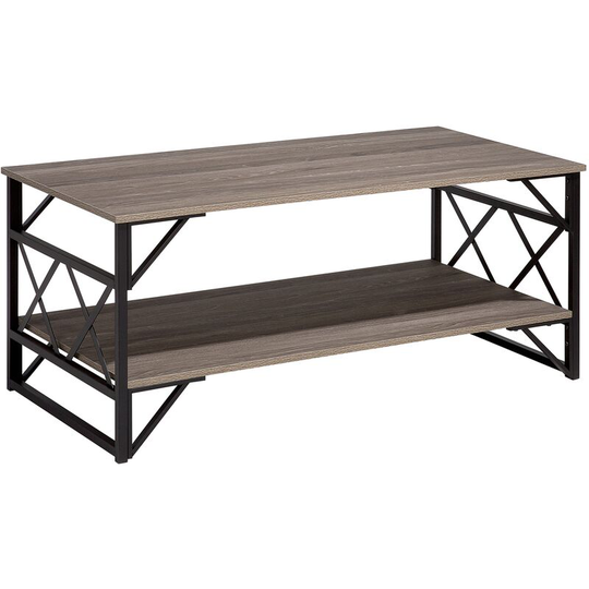 Modern Industrial Coffee Table Taupe Wood Top Black Metal Base with Shelf Bolton - Dark Wood