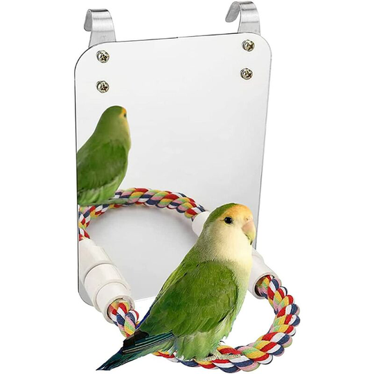 7 Inch Bird Mirror with Rope Perch for Parrot Cage, Swing, Toys for Parrot, Cockatoo, Conures, Lovebirds, Canaries and Small Macaw