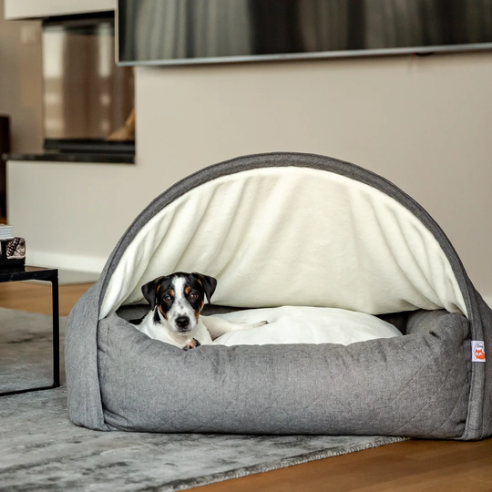 Noreen Hooded Dog Bed in Grey
