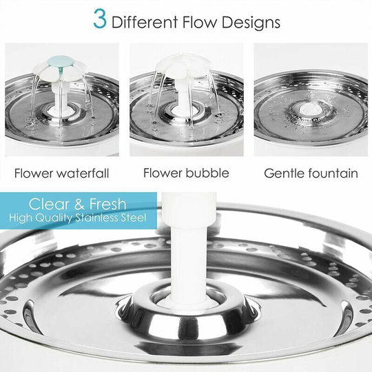 Bearsu - Pet Water Dispenser with Stainless Steel Top Cover Water Level Window 2.4L Ultra-Quiet 3 Drinking Methods 3 Filters and Brushes Fountain for