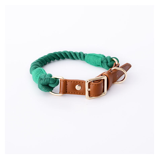 Premium Quality Cotton Rope Dog Collar with Stainless Steel Pin Buckle Genuine Leather Collar(L,Green)