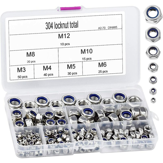 Briday - 190 Pieces & Eacute; Hexagonal Nut, Self-Locking Nuts, Meter Nuts M3 M4 M5 M6 M8 M10 M12 Locknuts In 304 Stainless Steel, With Plastic