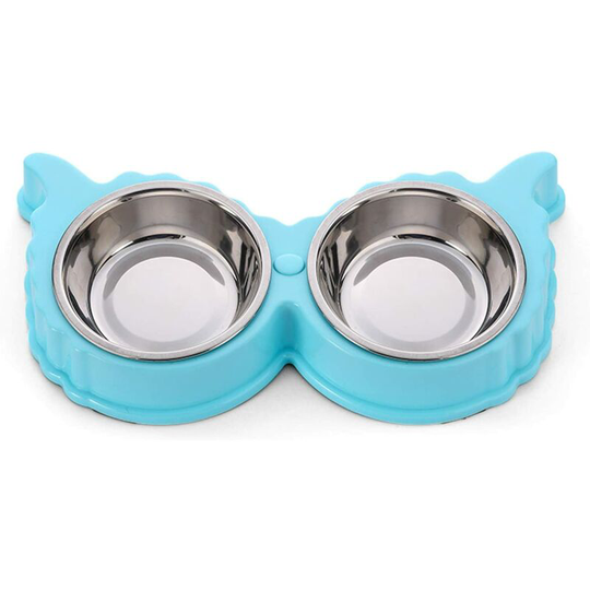 Double Kitten Feeder,Double Pet Bowl,Stainless Steel Dog Feeder with Non-Slip Pet Bowls with Pointed Ears Stand(Blue)
