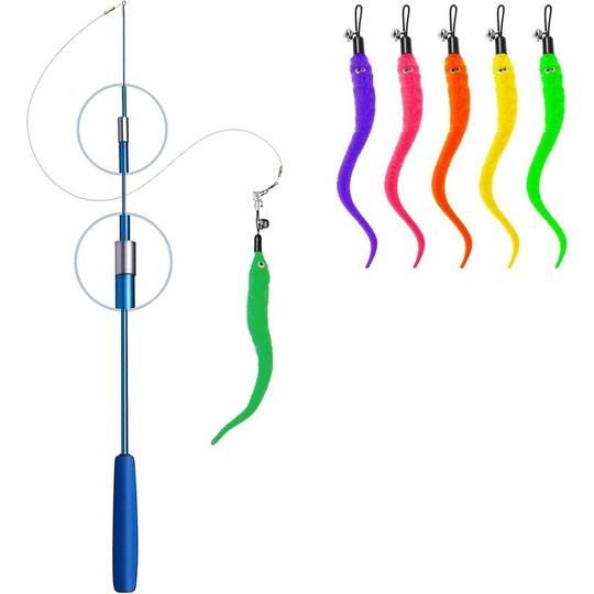 Feather Toy for Cats, Interactive Retractable Fishing Rod Cats Toy with 1BaTon Magic Wand + 5 Spare Worms for Cats and Kittens