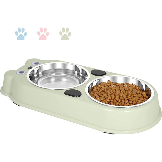 Bearsu - Double Dog Cat Bowls Double Premium Stainless Steel Pet Bowls with Cute Modeling Pet Food Water Feeder green