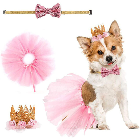 3pcs Dog Birthday Party Costume Pet Pink Tutu Skirt Crown Hat Sequin Bow Tie with Adjustable Neck Strap for Birthday Wedding Puppy