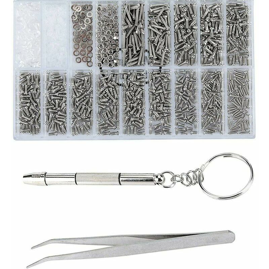 1000 Assorted Glasses Screws Nuts Glasses Repair Tool Kit + 1 Mini Screwdriver + Tweezers for Glasses Watch