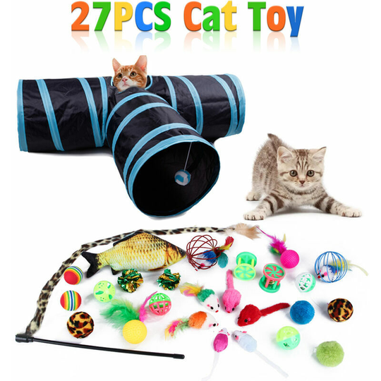 Monly - Interactive Cat Toy 27 Pack Kitten Cat Toys Assorted Toys Including Fluffy Teaser Feather Fish Mouse Crinkle Balls Tunnel Drum for Pet Kitty