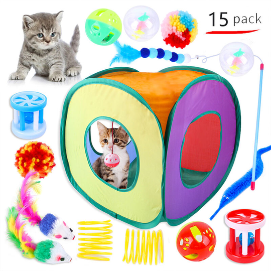Cat Toys 15PCS Kitten Toys Set Interactive Cat Toys for Indoor Cats With Collapsible Cat Tent Tunnel Interactive Cat Feather Toy