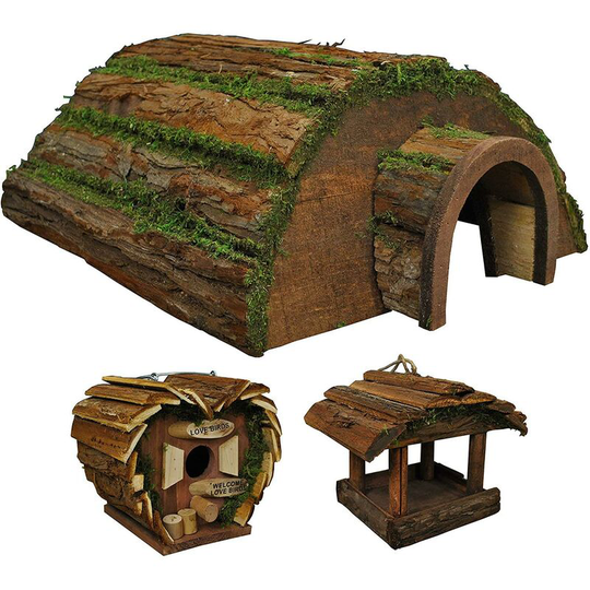 Wooden Hedgehog Hogitat with Bird House and Hanging Feeder