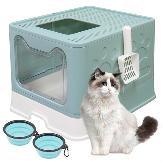 Foldable Cat Litter Tray With Lid Top Entry Litter Box Pet Kitty Toilet With 2 Pack Collapsible Bowl,Tray & Pet Plastic Scoop ,Portable & Easy Clean N