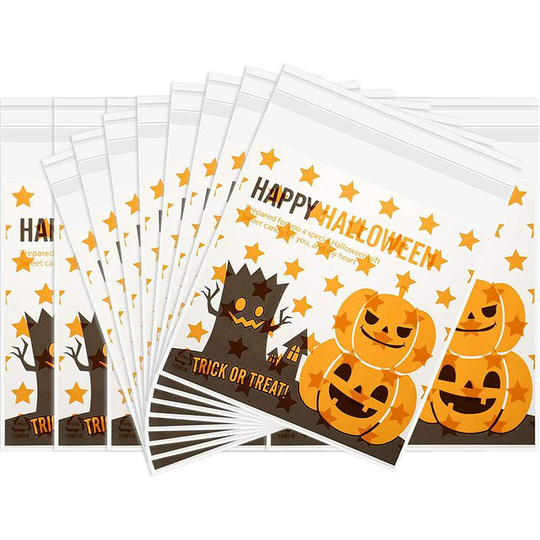Bearsu - 100 Pieces Halloween Treat Bags Clear Self-adhesive Candy Bags Cellophane Plastic Cookie Bags for Party Favors Halloween Decoration (100