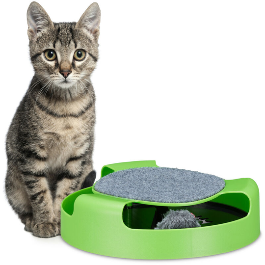 Relaxdays Cat Toy, Round Track with Toy Mouse, Scratching Surface, Occupation, Interactive, HxD 7x25.5 cm, Green