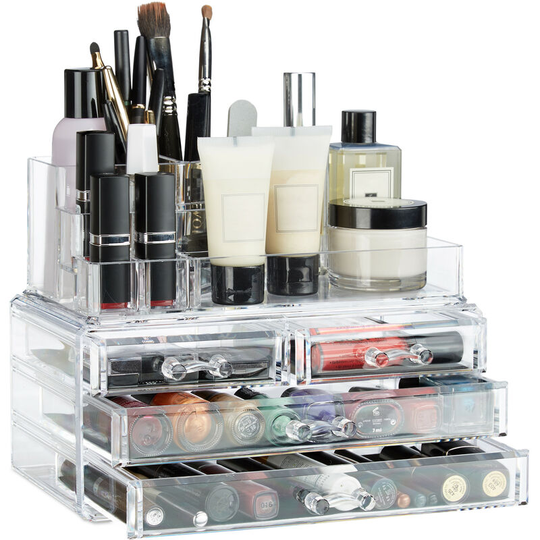 Relaxdays - Makeup Organizer with 4 Drawers, Cosmetics Holder for Nail Polish and Lipstick, Acrylic Makeup Kit, Transparent