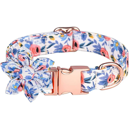 Litzee - Floral Dog Cat Collar Bowtie,Removeable Flower Bow Soft Cotton Adjustable Pet Collars Rose Gold Metal Buckle for Dogs Cat (m Blue flower