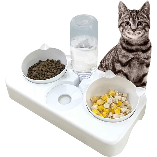 Modou - Elevated Cat Bowl 3 in 1, Double Bowl for Dry and Wet Separation and Automatic Waterer, 8° Inclined Cat Bowl, Prevent Vomiting and Protect