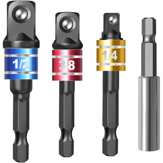 Impact Driver Socket Adapter Set with Magnetic Extension Bit Holder for 1/4 inch Hex Shank to Square Socket Turn Power Drill Into Nut Driver 4 Pieces