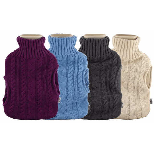 2L Hot Water Bottle With knitted cover & pockets - Blue