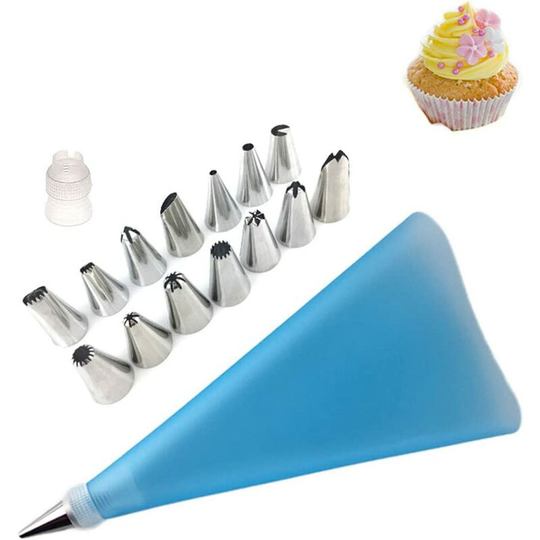 Partially Piped Nozzle Set Disposable Piping Bags 1 Silicone Piping Bag 1 Nozzle Converter 14 Stainless Steel Nozzles Silicone Piping Bags Cupcake