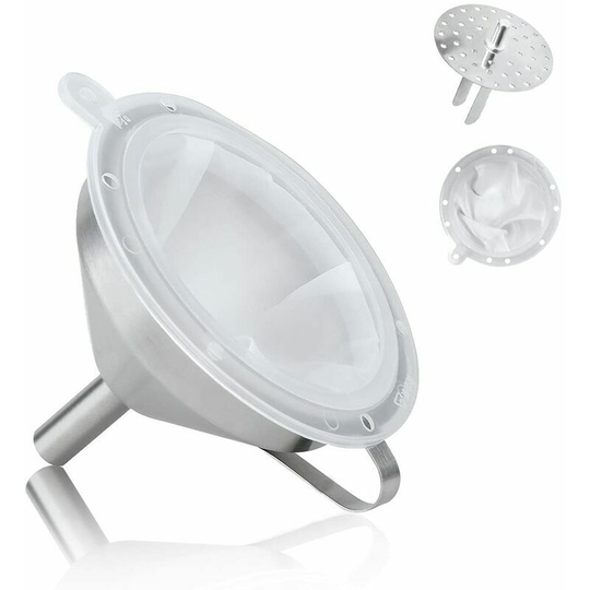 5 Inch Stainless Steel Funnel and 300 Mesh Filter + 1 Removable Strainer, Funnel with Handle for Transferring Liquid Ingredients, Stainless Steel