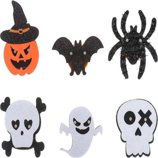 6PCS Glowing Nonwovens Halloween Brooch led Ghost Bat Decorative Brooch(Pumpkin Ghosts Skull and Bones Bats Spiders Skeletons)
