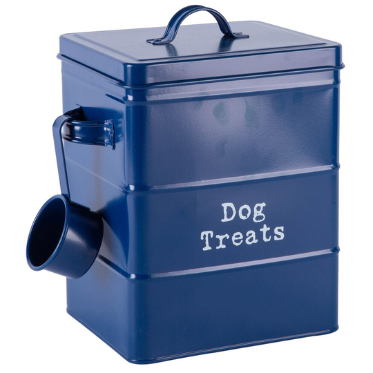 Harbour Housewares Vintage Metal Dog Treats Canister - Home Kitchen Pet Food Storage Tin with Lid & Scoop - Navy