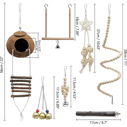 FVO - Parrot Bird Toys 7 Pcs, Natural Coconut Shell Bird Cage With Ladder, Swing Climbing Hammock,Perching Chain For Birds, Parrots, Budgies, Macaws,