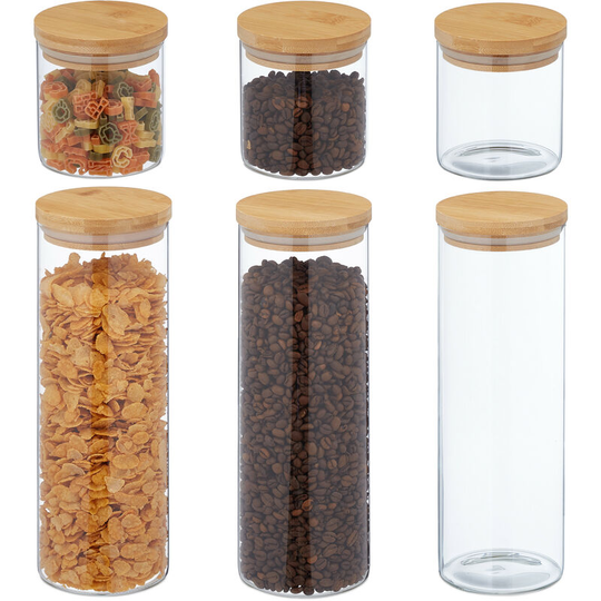 Relaxdays - Storage Jars Set x6, Bamboo Airtight Lids, 500/1600 ml, Dry Food Storage, Glass, Decorative, Transparent/Brown