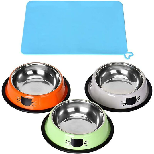 Thsidne 3 Piece Cat Food Bowl, Stainless Steel Cat Bowl Set Feeding Bowl Cat Food Bowl Water Feeding Bowl With a Bowl Mat